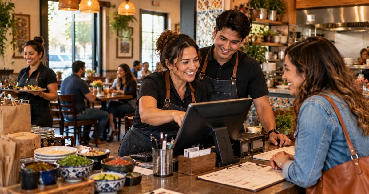 Two restaurant staff in black shirts and aprons smile behind the counter as one points at the point-of-sale screen for a customer in a denim jacket, with bowls of salsa and a printed order sheet on the counter and diners at tables behind them