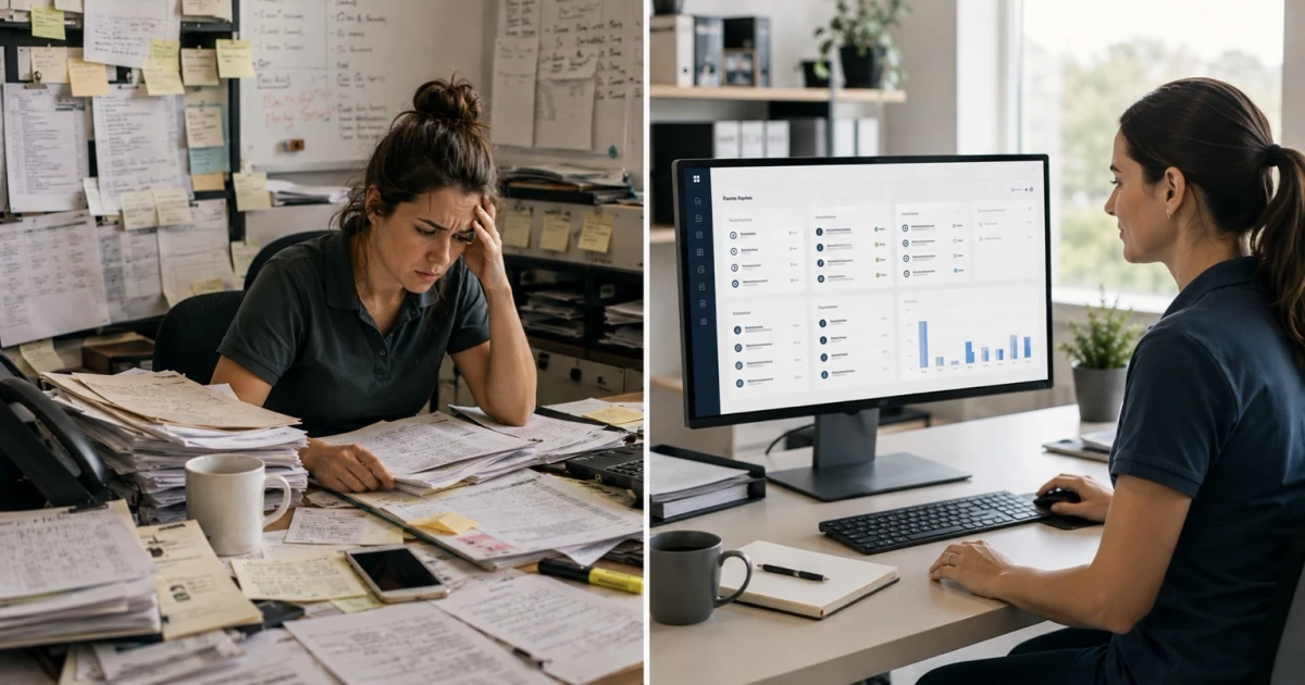 A before-and-after service-business office showing manual follow-up chaos on one side and a calm connected follow-up system on the other