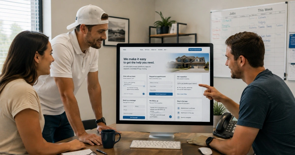 Three people at a small business desk reviewing a website on a monitor, with panels for chatting with the team, requesting an appointment, asking a question, sending a message, and follow-up updates, beside a whiteboard of the week's jobs