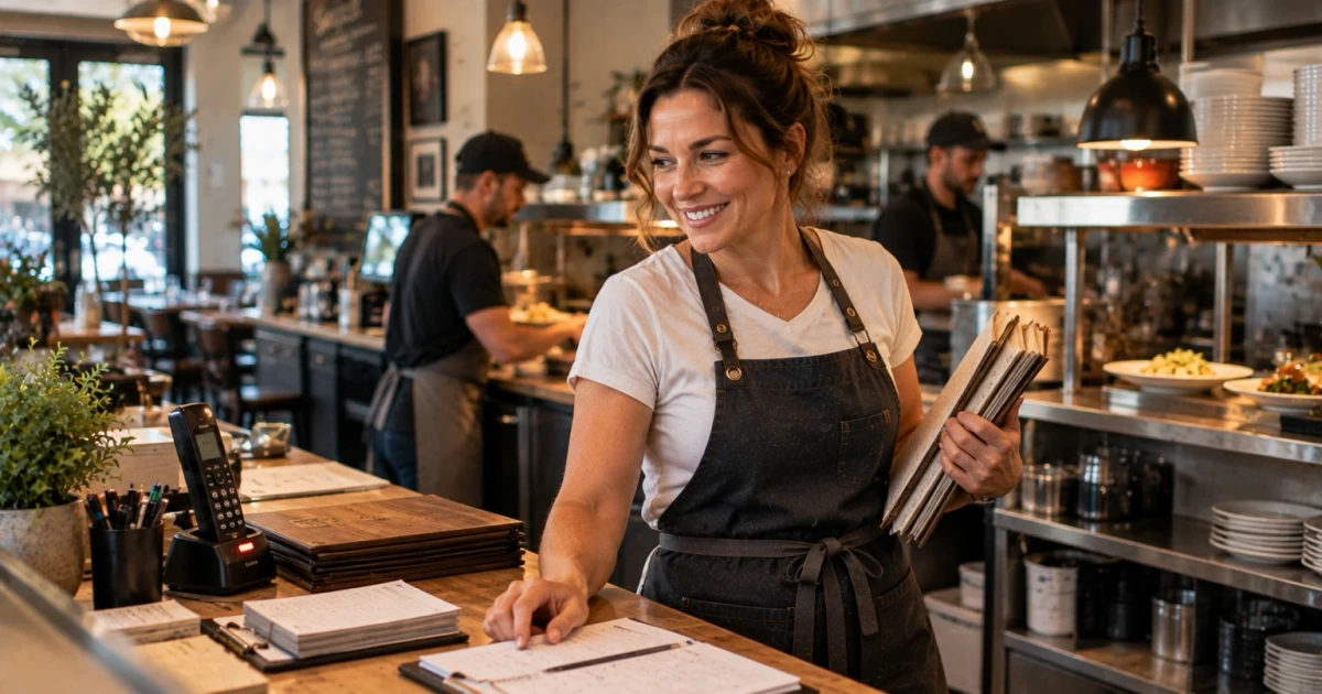 A smiling restaurant worker in a dark apron holds a stack of menus at the front counter, beside a cordless phone and paper order pads, while cooks work in the open kitchen behind
