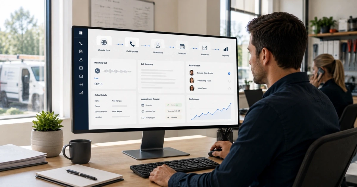 A service business operator reviewing a connected dashboard where a website form, captured call, CRM record, scheduled appointment, follow-up, and reporting move as one workflow