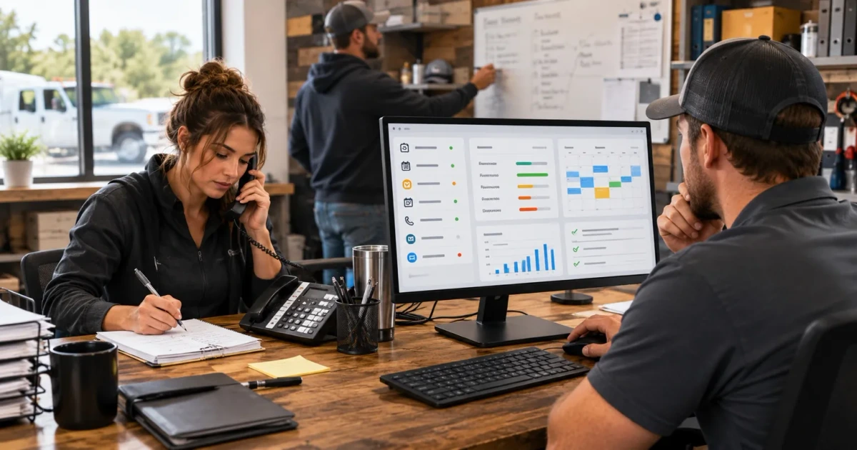 A local service-business team reviewing an operations dashboard for calls, follow-up, scheduling, and workflow automation in an Oklahoma office