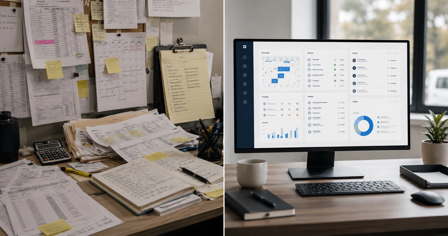 A service-business office with a spreadsheet on one side and a connected job-tracking system on the other, showing the handoff between estimate, schedule, and follow-up