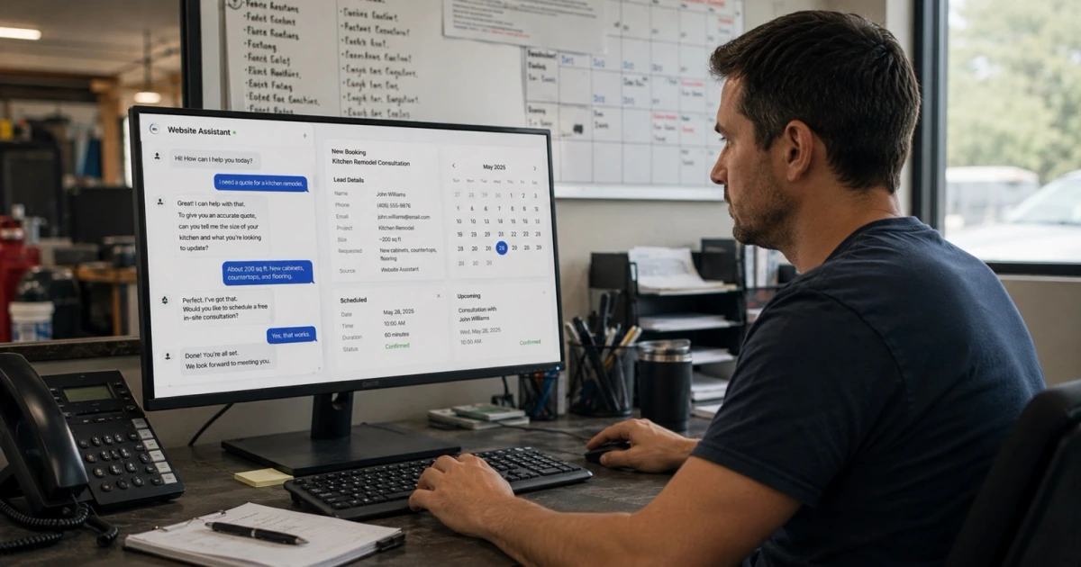 A service-business office worker reviewing a live chat and booking request from the website on a desktop monitor, with a job scheduled on the calendar beside it