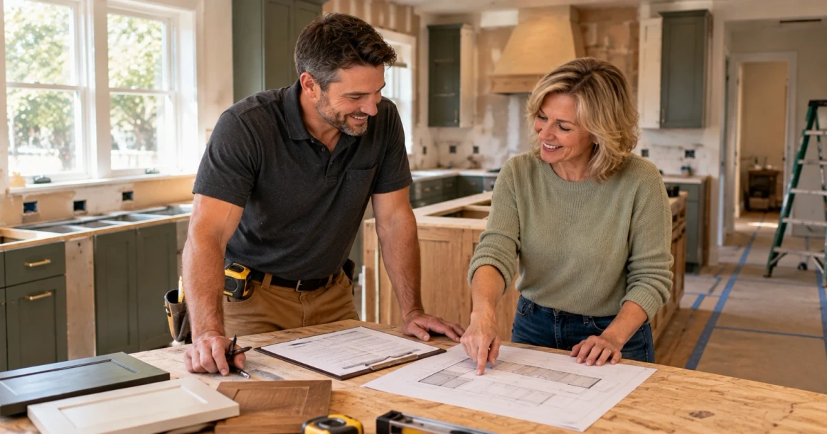 A contractor wearing a tool belt and a homeowner lean over a plywood work table in a kitchen under renovation, smiling as she points to a printed floor plan beside a clipboard form and cabinet door samples