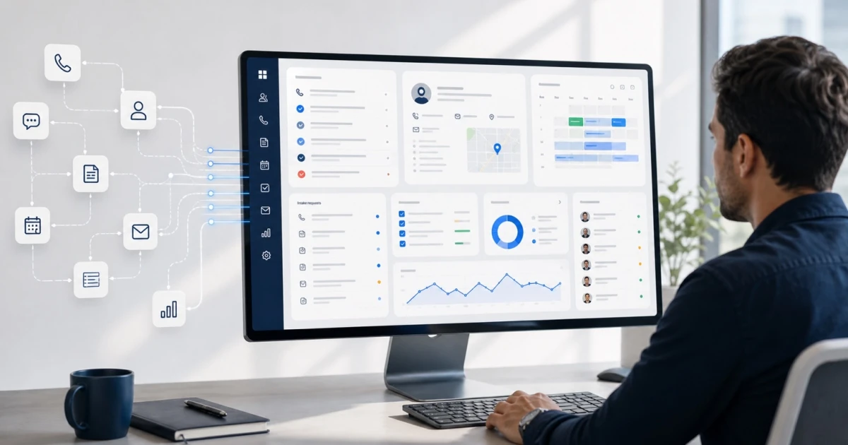 Custom AI software dashboard connecting calls, forms, CRM, calendar, follow-up, and reporting