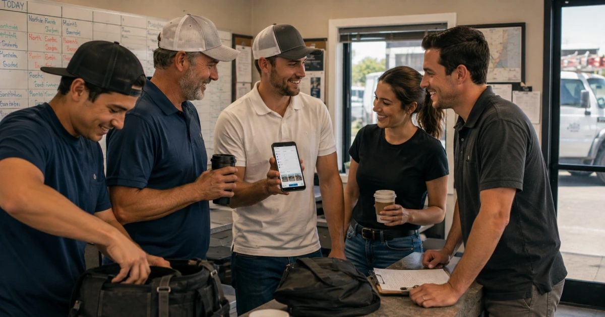 A casual service-business team smiling during a morning handoff while using a mobile app to organize jobs, schedules, notes, photos, and approvals