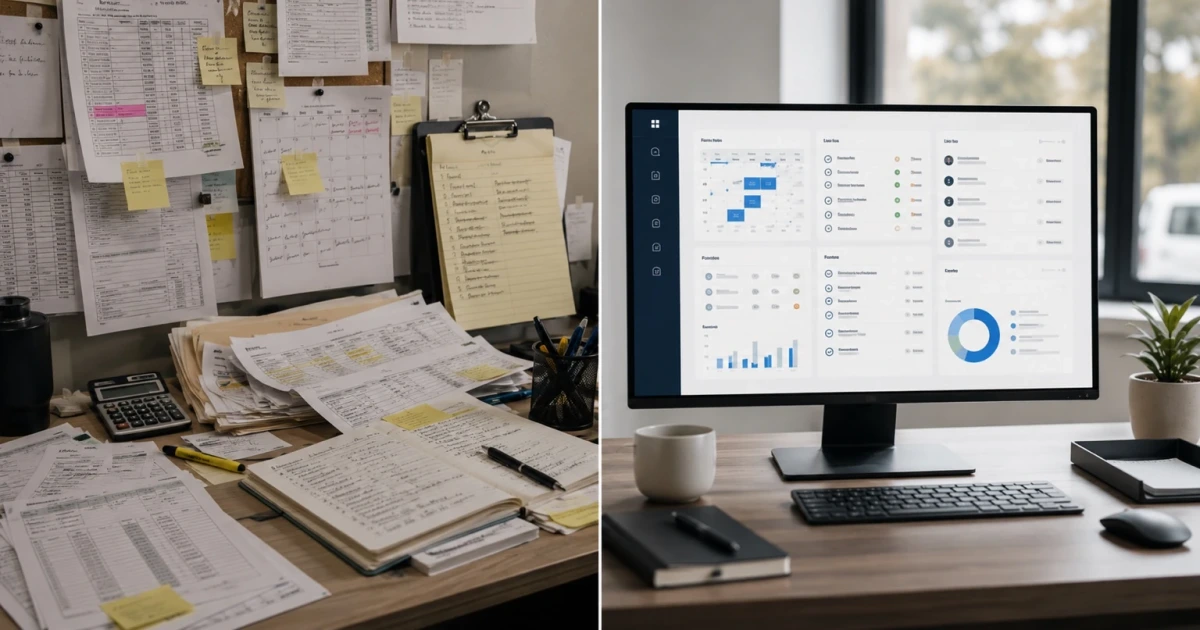A service-business office with a spreadsheet on one side and a connected job-tracking system on the other, showing the handoff between estimate, schedule, and follow-up