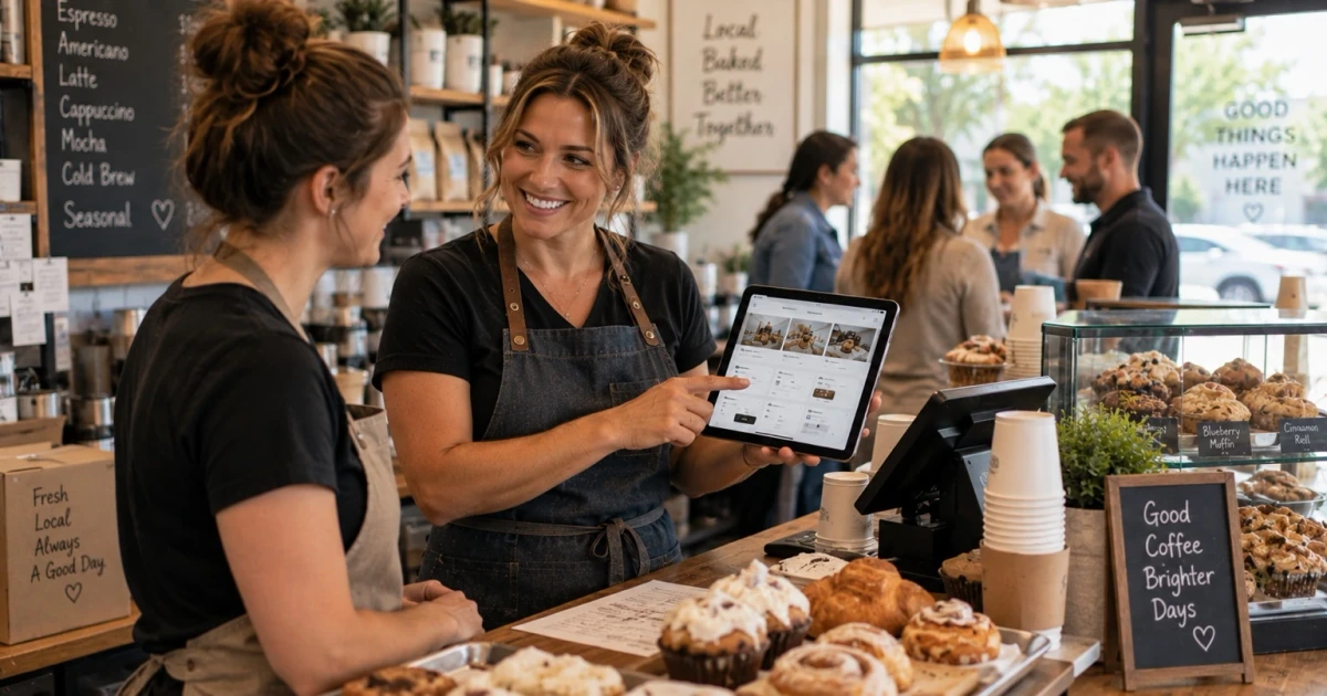 A smiling Oklahoma bakery owner using a custom website system to manage orders, customer messages, bookings, and follow-up