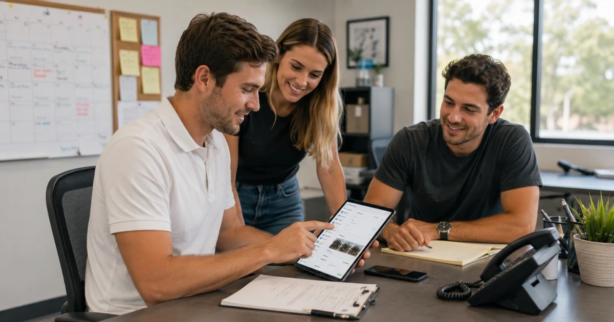 Three people from a service business gathered around a tablet in a normal office, reviewing a job list with status, notes, photos, a signature line, and an invoice, next to a whiteboard schedule, a clipboard, and a desk phone