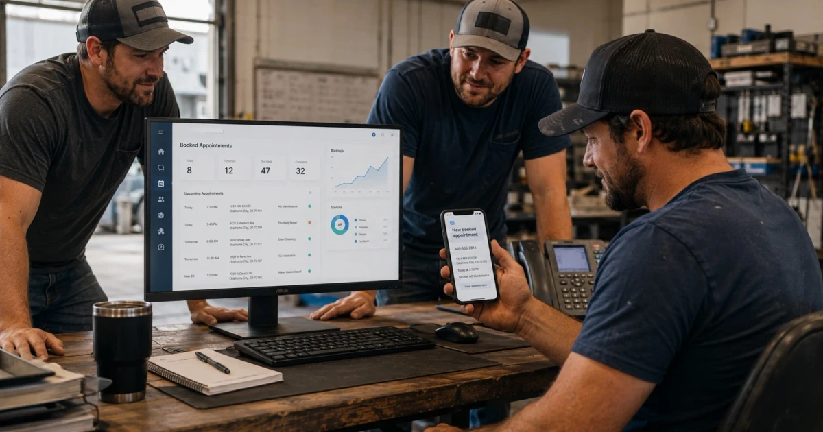 An AI call answering system for a service business: workers reviewing a booking dashboard and a new booked-appointment alert on a phone beside a desk phone — intake, scheduling, and follow-up in one connected flow