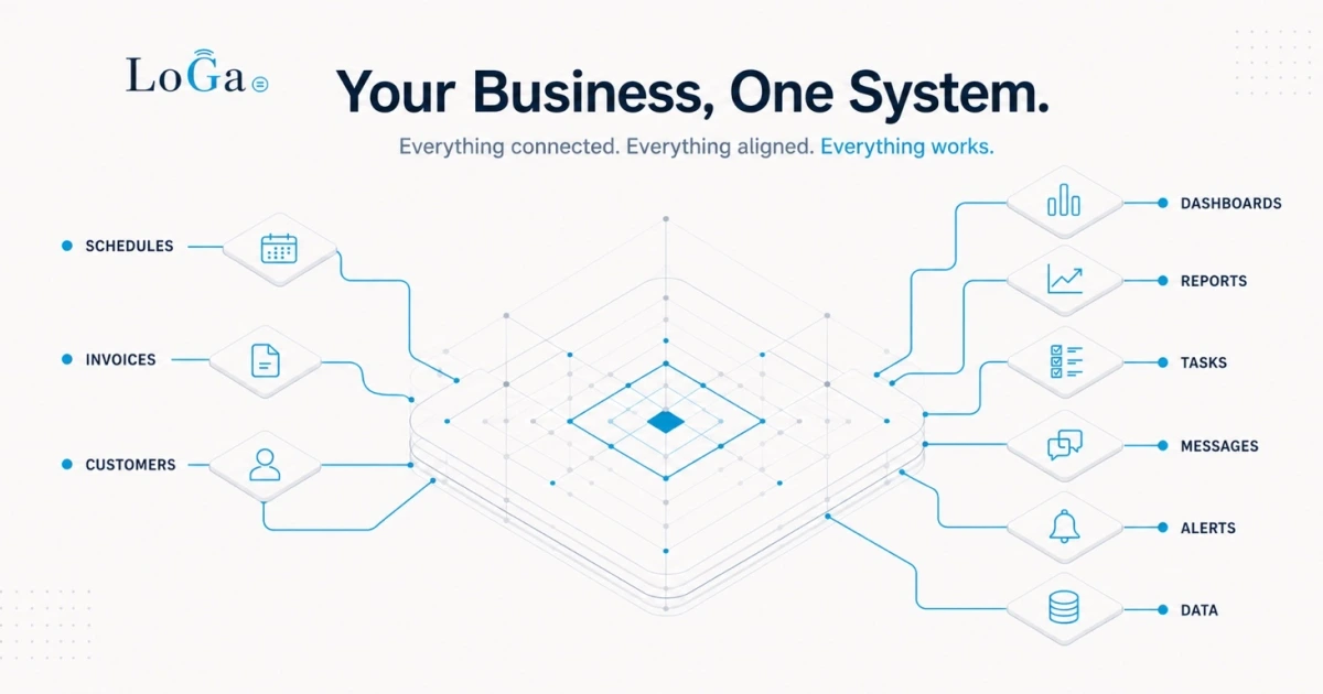 A small business's scheduling, billing, and customer records connecting into one custom software system.