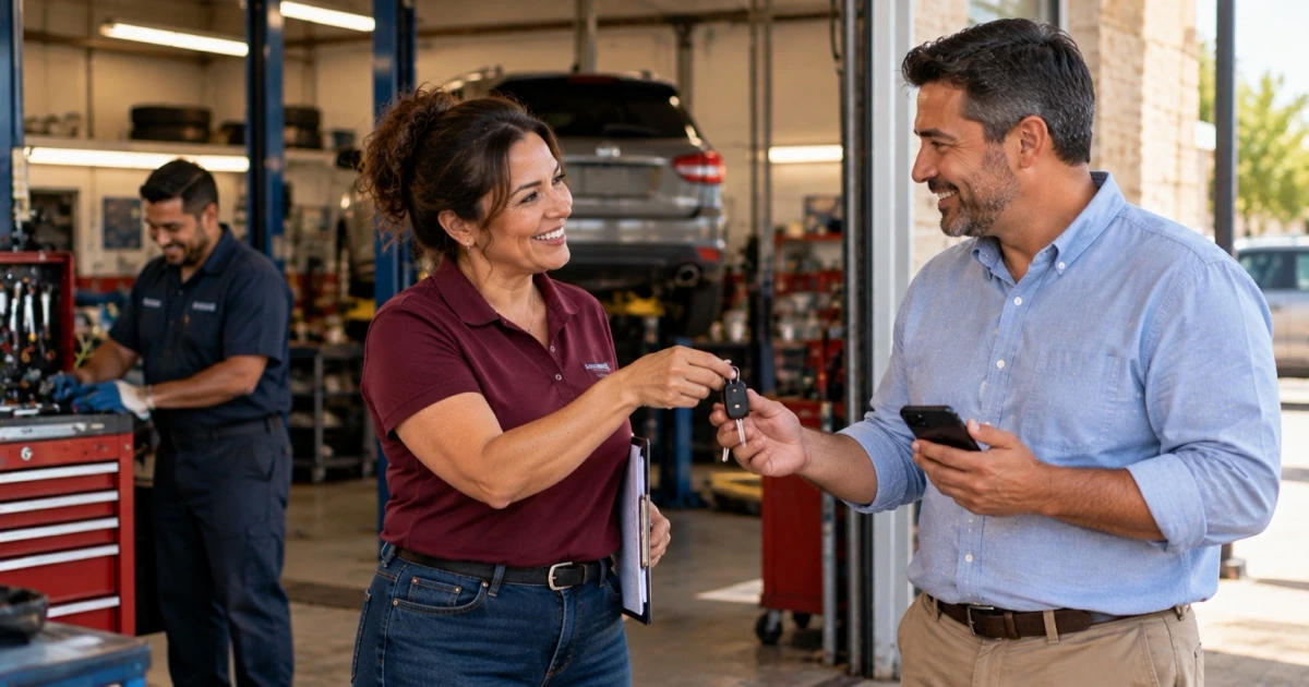 A smiling service advisor in a maroon polo, holding a clipboard, hands car keys to a customer in a light blue shirt who holds his phone at the open bay door of an auto repair shop, with a technician at a red tool chest and a vehicle on a lift behind them