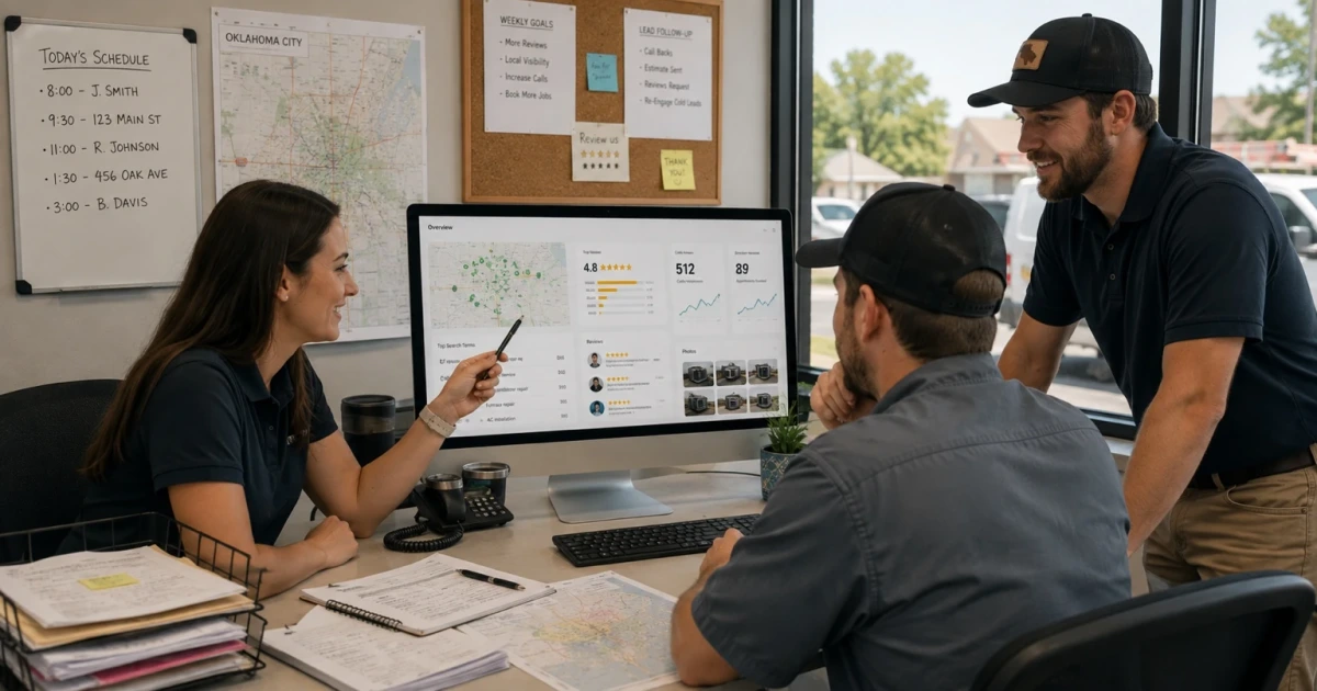 A local service-business team in an Oklahoma City office reviewing a screen showing map visibility, star ratings, customer reviews, and call and appointment counts, next to a whiteboard schedule and a wall map of the metro