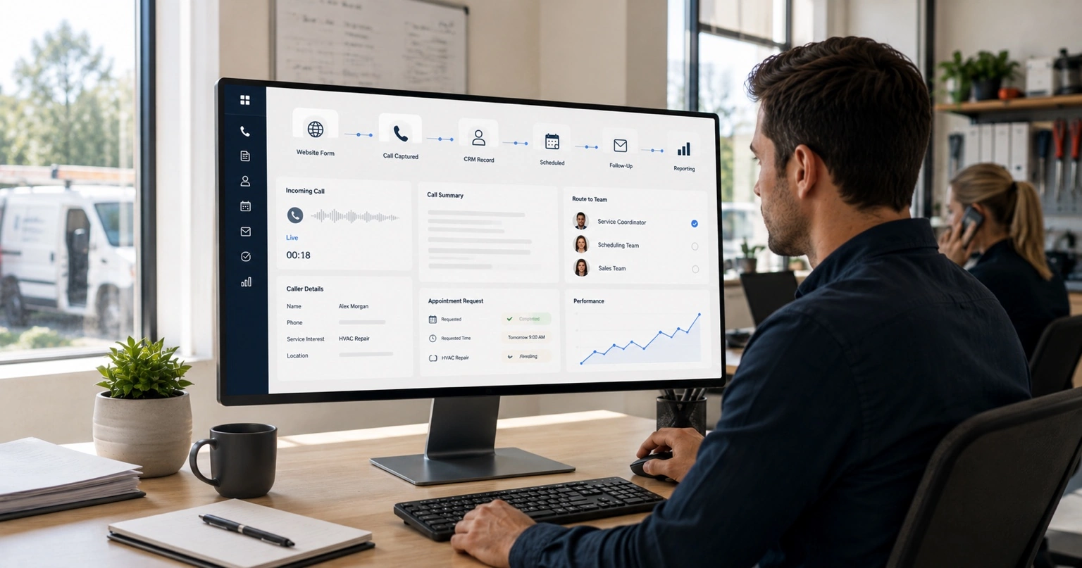 A service business operator reviewing a connected dashboard where a website form, captured call, CRM record, scheduled appointment, follow-up, and reporting move as one workflow