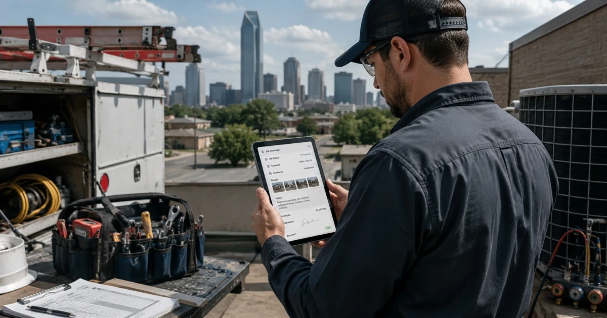 A field-service technician on a rooftop job site above the Oklahoma City skyline, using a mobile app on a tablet to check job status, schedule, photos, notes, and the estimate before capturing a customer signature