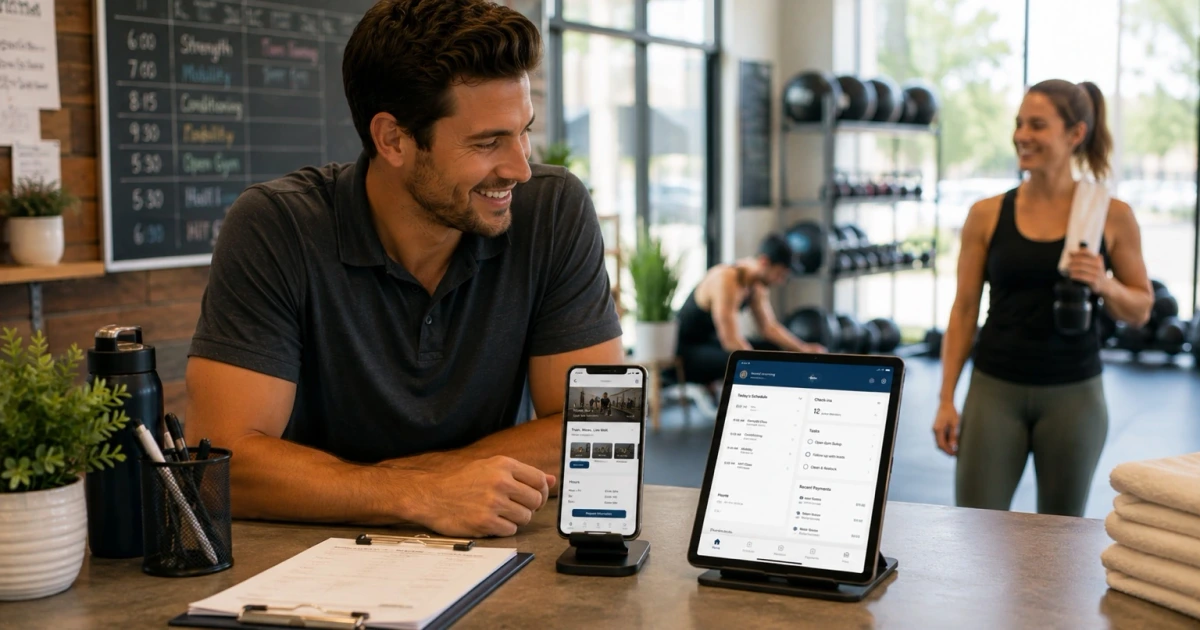 A smiling local gym owner comparing a mobile-friendly website on a phone with an operational mobile app on a tablet