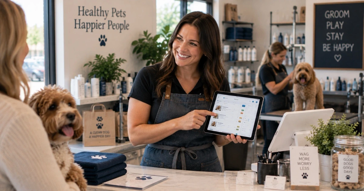 A smiling local pet grooming business owner using an operations app to manage appointments, customer notes, tasks, payments, and follow-up