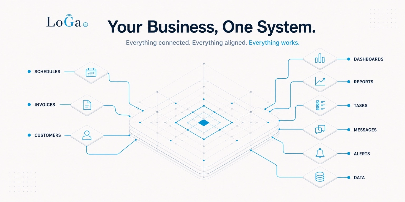 A small business's scheduling, billing, and customer records connecting into one custom software system.