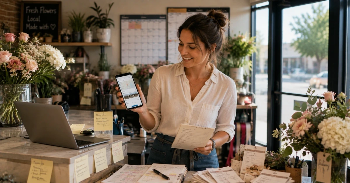A smiling Oklahoma florist owner reviewing local search visibility while managing orders, reviews, website updates, and daily shop work