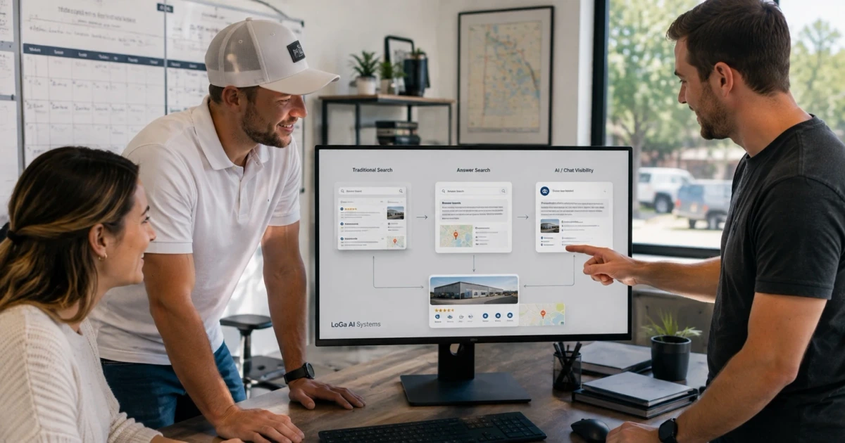Three people from an Oklahoma business standing around a monitor in a normal office, reviewing three panels labeled Traditional Search, Answer Search, and AI / Chat Visibility that all feed into the same business listing