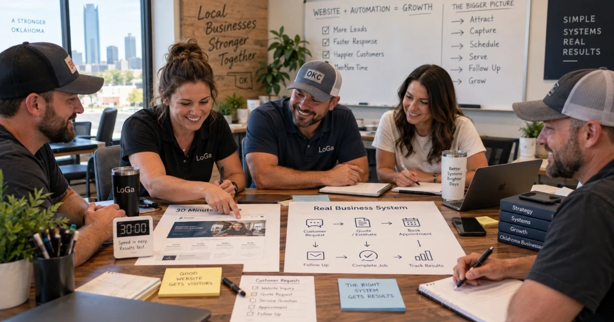 A casual Oklahoma business team comparing a quick website mockup with a full workflow map for leads, booking, follow-up, and reporting