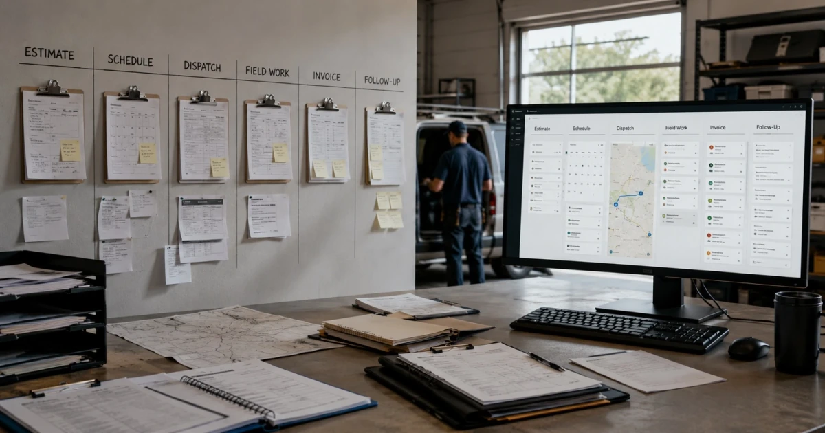 A service-business shop wall of paper job stages—estimate, schedule, dispatch, field work, invoice, follow-up—mapped into the same six stages on one connected software system on the desk beside it