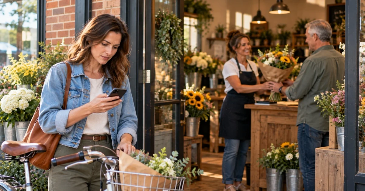 A woman in a denim jacket stands beside her bicycle outside a flower shop, looking at her phone, while inside a florist in an apron hands a wrapped bouquet to a customer at the counter