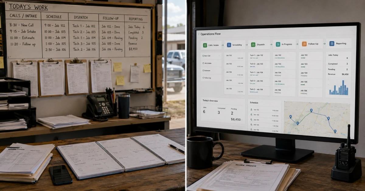 The same service-business workflow shown twice: on the left a shop whiteboard and clipboards tracking calls, intake, schedule, dispatch, follow-up, and reporting on paper; on the right those same stages connected into one operations dashboard