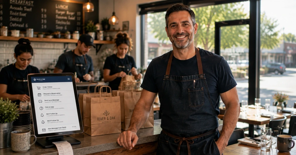 A smiling local restaurant owner using a smart website to handle online orders, appointment requests, customer messages, FAQs, and follow-up
